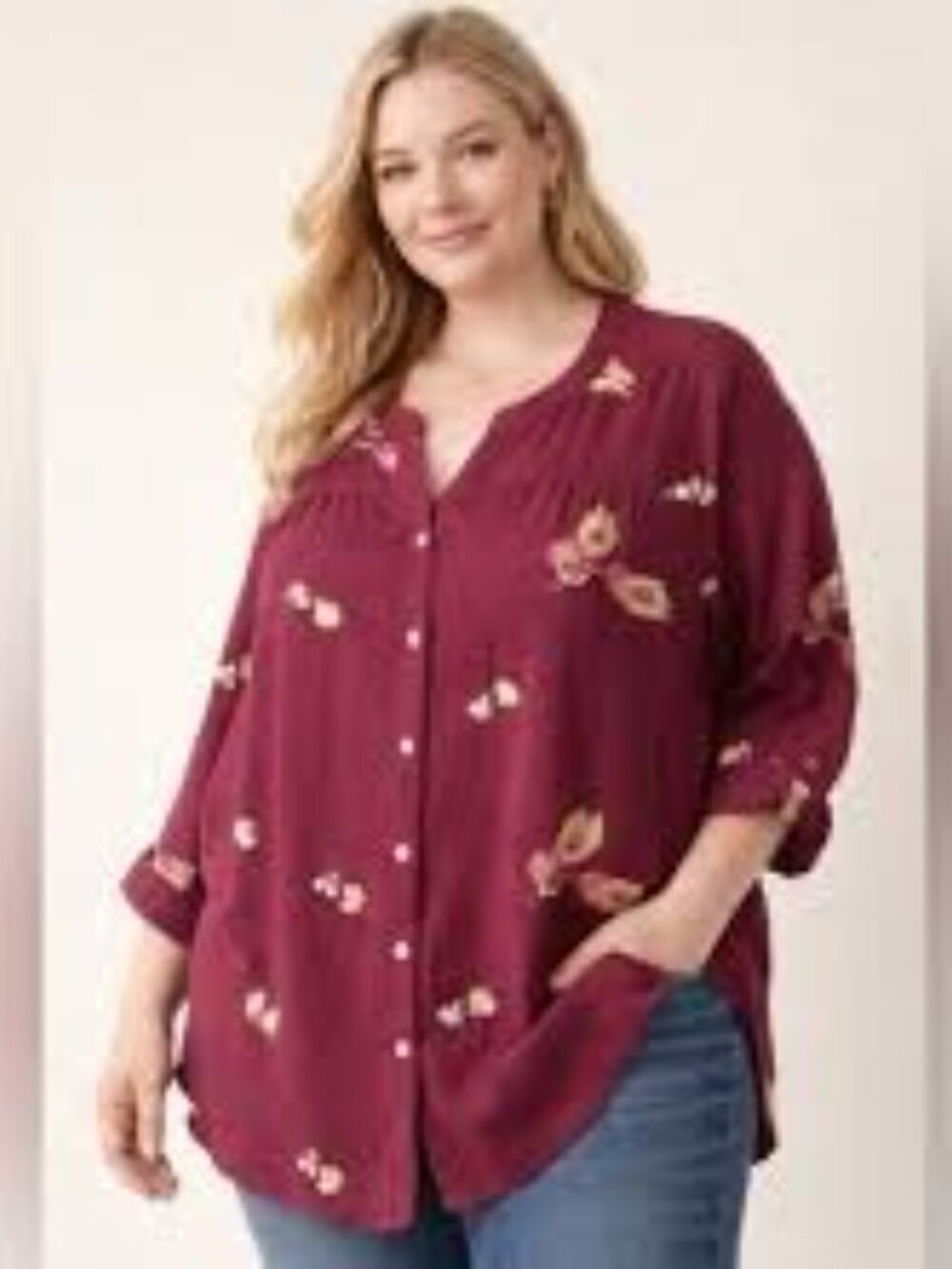 NWT Fig and Flower Embroidered Women's Floral Button-Front Blouse Burgundy Sz2X